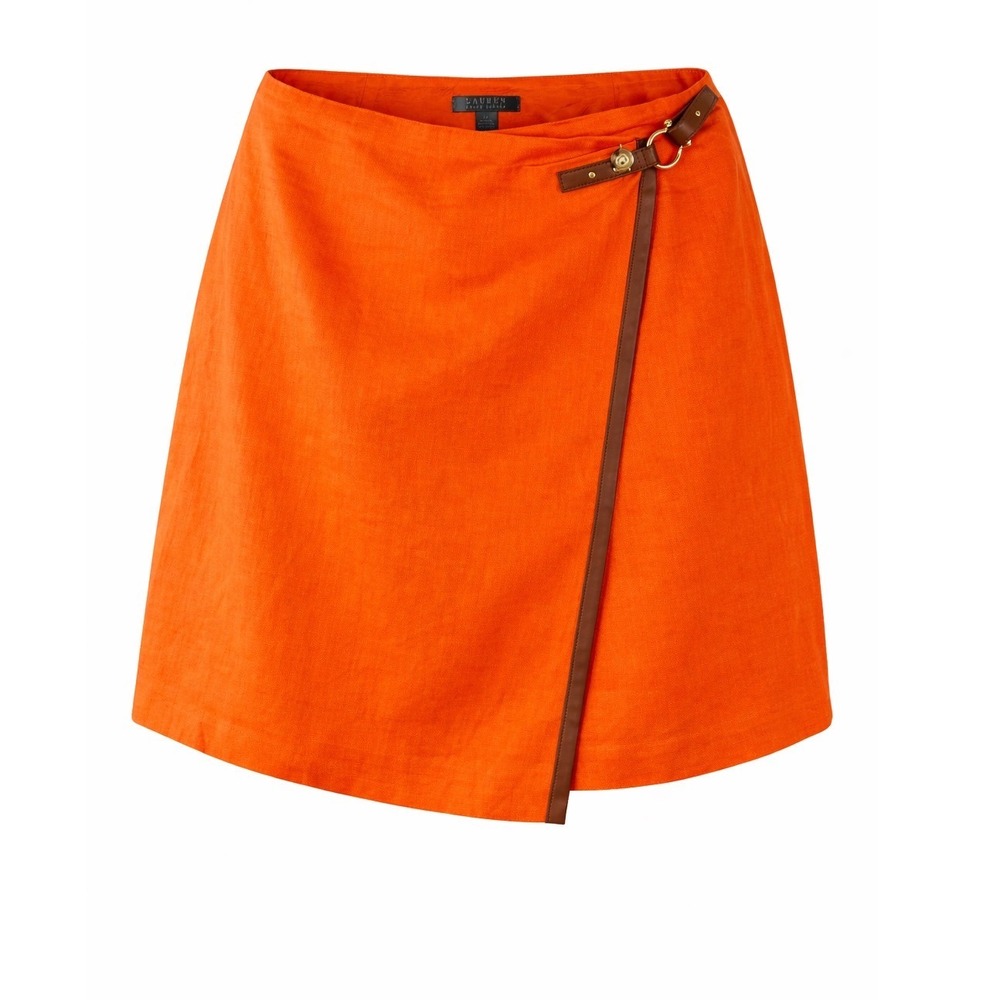 Lauren Ralph Lauren Linen Wrap Skirt Women 14 Orange Leather Trim Horsebit Lined